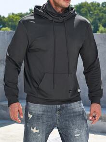 Manfinity Homme Nam Thư được vá Túi kangaroo Dây rút Hoodie - màu đen - Xem 6