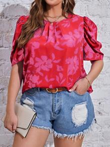 SHEIN Privé 大碼印花泡泡袖襯衫