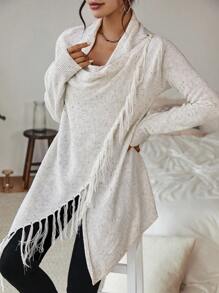 SHEIN Clasi Draped Collar Fringe Trim Asymmetrical Hem Sweater - Apricot - View 7