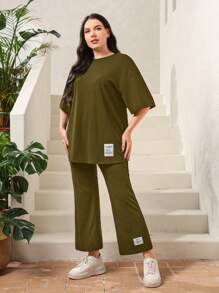 Mulvari 大碼字母貼布落肩T恤和褲子 - 軍綠色 - 查看 3