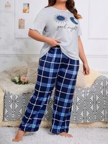 Plus Sun & Moon Print Tee & Plaid Print Pants PJ Set - Multicolor - View 4