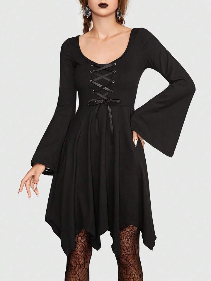 long sleeve hanky hem dress ASOS DESIGN lace long sleeve hanky hem midi dress in chocolate