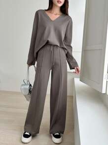 DAZY 落肩毛衣和抽绳腰针织裤秋季