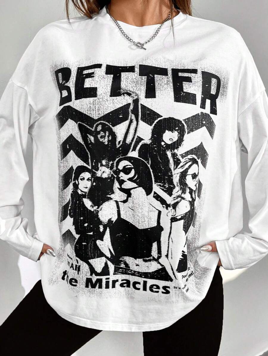 SHEIN EZwear 大碼人物和字母圖案落肩T恤 - 白色 - 查看 1