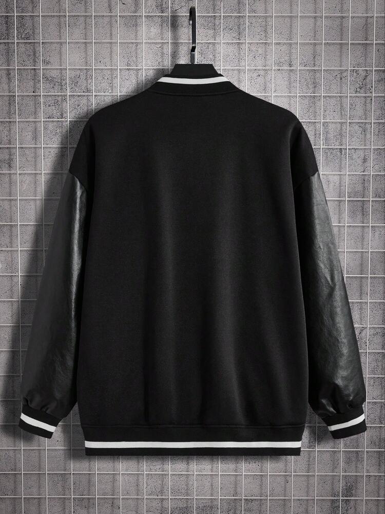 Loose Fit Men's Plus Size Letter Graphic Drop Shoulder Striped Trim Varsity Jacket, For Fall Winter