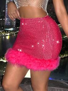 SHEIN SXY Fuzzy Trim Sequin Bodycon Skirt - Hot Pink - View 5