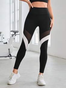 Yoga High Street 撞色嵌入網紗寬腰帶頂針運動打底褲 - 黑色 - 查看 5