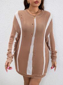 SHEIN LUNE Talla grande Jersey de color combinado de hombros caídos desgarro