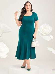 Mulvari Talla grande Vestido unicolor bajo sirena - Agua verde azul - Ver 1
