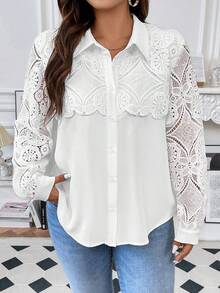 SHEIN Franclia Hơn Guipure Ren tương phản Nút phía trước Áo sơ mi - trắng - Xem 5