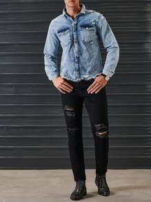 RueChic Men Ripped Raw Hem Flap Pocket Denim Jacket - Light Wash - View 3