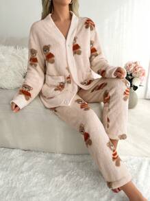 熊图案落肩法兰绒睡衣套装 / 睡衣套装 - 米色 - 查看 6