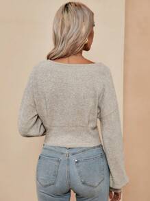 SHEIN LUNE 素色落肩袖深V領T恤 - 灰色 - 查看 2