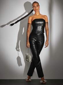 SHEIN BAE Crocodile Embossed PU Leather Tube Top Without Arm Sleeves - Black - View 6