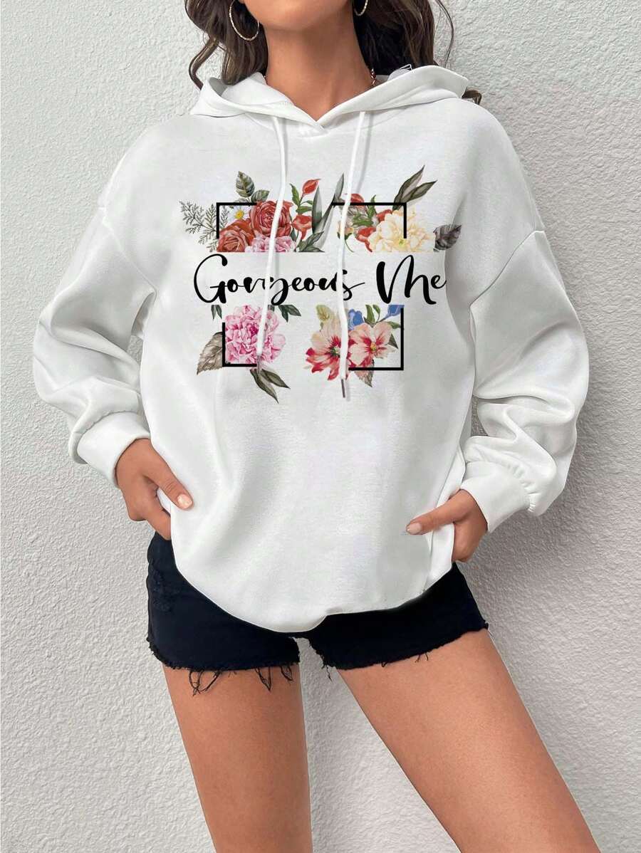 SHEIN LUNE Floral & Letter Graphic Drop Shoulder Drawstring Hoodie - White - View 1