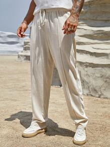 Manfinity BRENVOR Calça com Cordão na Cintura, Detalhe de Costura, Calça Longa Reta, Calça Casual para Férias, para Presente de Marido ou Namorado, Outono