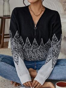 SHEIN Clasi Mẫu Geo Một nửa khóa kéo Áo len - Nhiều màu - Xem 6