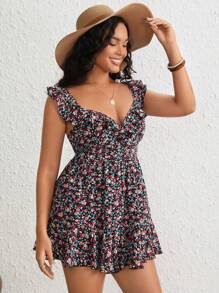 SHEIN VCAY Plus Ditsy Floral Print Ruffle Trim Romper - Multicolor - View 3