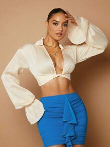 SHEIN BAE Twist Front Flounce Sleeve Crop Top - Apricot - View 4