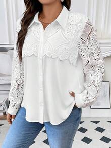 SHEIN Franclia Hơn Guipure Ren tương phản Nút phía trước Áo sơ mi - trắng - Xem 6