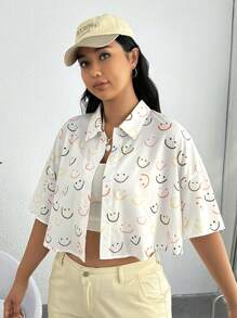SHEIN EZwear Plus 1pc Cartoon Face Print Drop Shoulder Crop Shirt - White - View 3