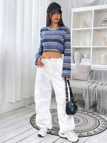 SHEIN EZwear 條紋印花短款T恤 - 藏蓝色 - 查看 4
