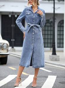 SHEIN Essnce Flap Pocket Belted Denim Dress Fall Cloth For Women
