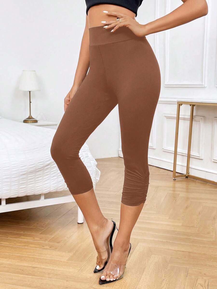SHEIN Essnce Solid Wideband Waist Capris Leggings - Brown - View 1