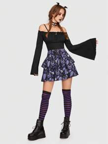 Sonchs Curiosities Goth Bat Print Lace Up Front Ruffle Hem Skirt - Multicolor - View 6