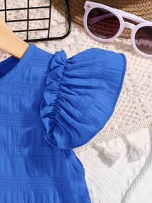 SHEIN Chica Joven Vestido unicolor ribete con fruncido de espalda con abertura de ojo - azul real - Ver 4