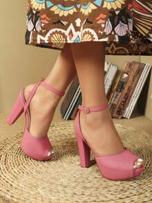 Sandale de damă cu toc înalt, stil versatil - Roz fierbinte - Vizualizare 2