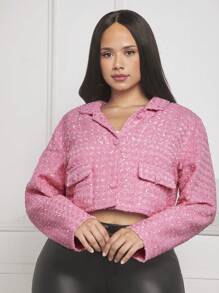 SHEIN SXY Hơn In Toàn bộ Chi tiết về Flap Mùa vụ Áo khoác - Hồng - Xem 3