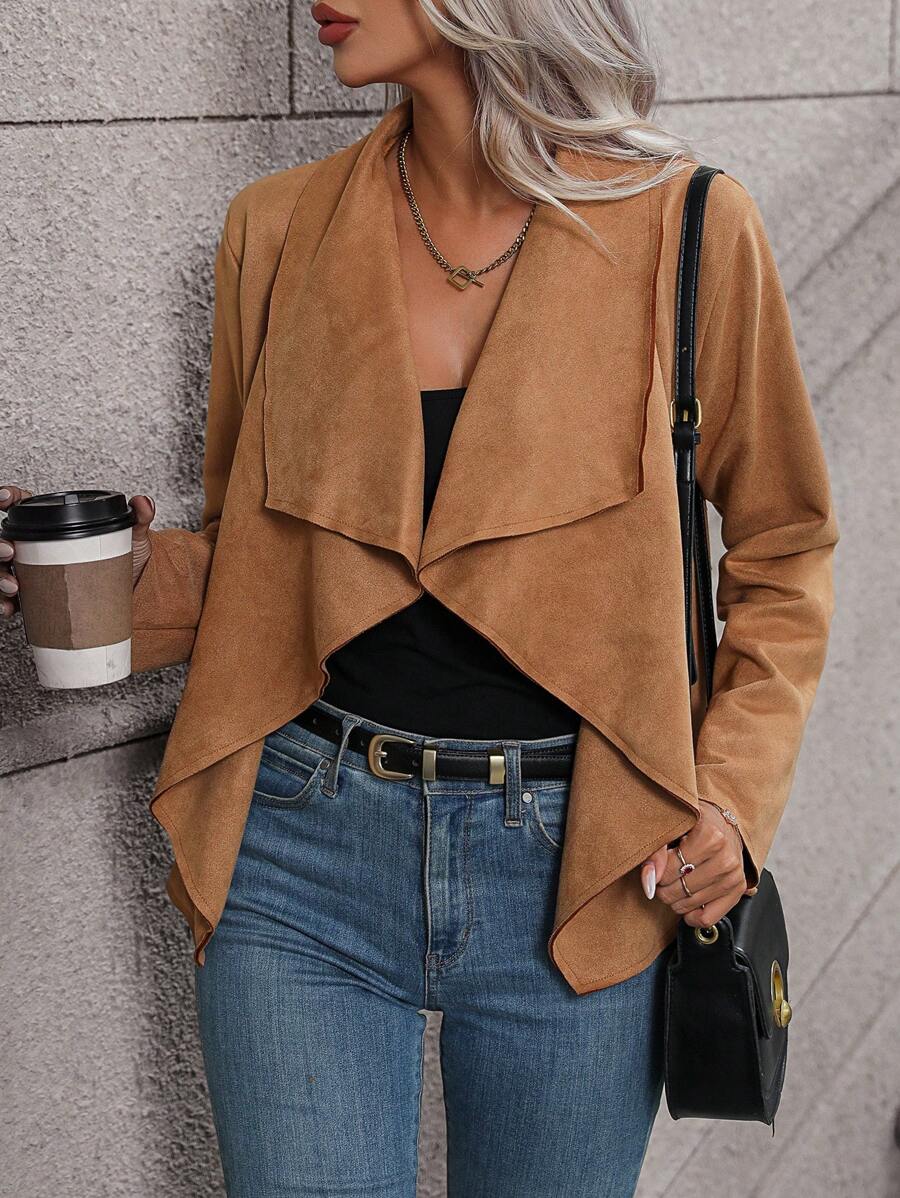 SHEIN VCAY Cổ áo thác nước Mở Mặt trước Viền không đối xứng Áo khoác - màu nâu - Xem 1