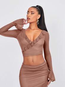SHEIN BAE Ruffle Trim Flare Sleeve Crop Top - Apricot - View 6