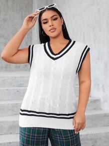 SHEIN EZwear Plus Striped Trim Cable Knit Sweater Vest