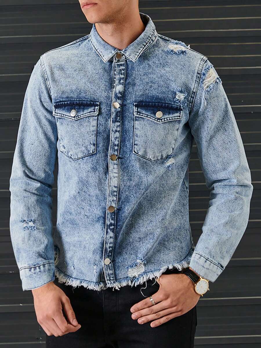 RueChic Men Ripped Raw Hem Flap Pocket Denim Jacket - Light Wash - View 1