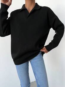 EURMUSE Solid Drop Shoulder Sweater - Black - View 3