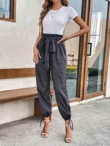 SHEIN LUNE Nếp gấp cao eo Nút viền Thắt lưng Quần - Màu xám đen - Xem 4