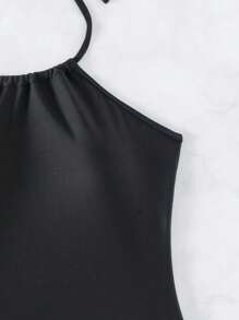 Swim Basics Summer Beach Drawstring Side Halter Tankini - Black - View 7