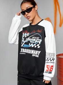 SHEIN EZwear Letter Graphic Drop Shoulder Sweatshirt - Black and White - View 3