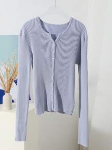 DAZY Solid Button Front Ribbed Knit Cardigan - Blue - View 6