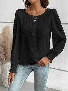 SHEIN LUNE Chấm Swiss Chèn ren Guipure Tay áo lồng đèn Áo sơ mi - màu đen - Xem 6