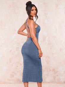 SHEIN BAE 素色交叉露背吊帶連衣裙 - 霧霾藍 - 查看 2