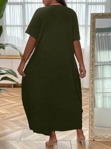 SHEIN LUNE Plus Solid Hidden Pocket Tee Dress Women Outfit - Army Green - View 2