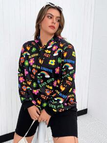 SHEIN Qutie Plus Size Letter Graphic Drop Shoulder Sweatshirt - Black - View 6