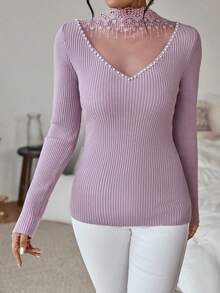 SHEIN Clasi 珍珠串珠小高領條紋針織套頭毛衣 - 紫丁香色 - 查看 7