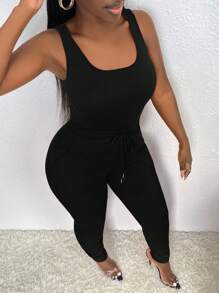 Slaydiva Chất rắn Áo ba lỗ & Eo dây rút Quần bó sát - màu đen - Xem 3