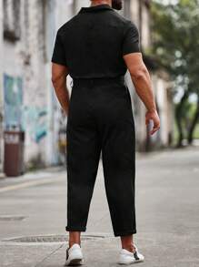 Manfinity Fever City 男士寬鬆純色連身褲，斜口袋和腰帶 - 黑色 - 查看 2