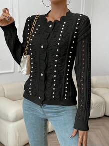 SHEIN Privé Pearls Beaded Pointelle Knit Cardigan - Black - View 4