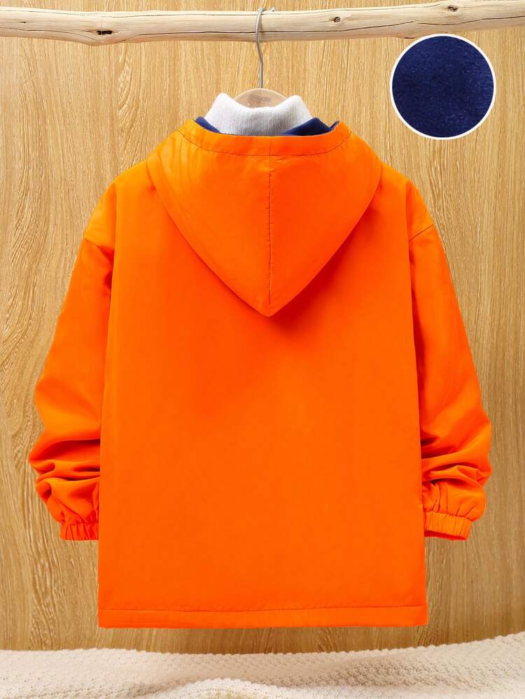 Tween Boy 1pc Flap Pocket Drop Shoulder Thermal Lined Hooded Coat